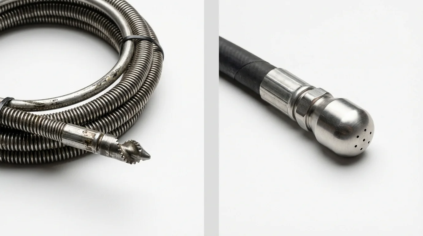 Drain snake cable and hydro jetting nozzle used for drain cleaning in Elmwood Park, NJ