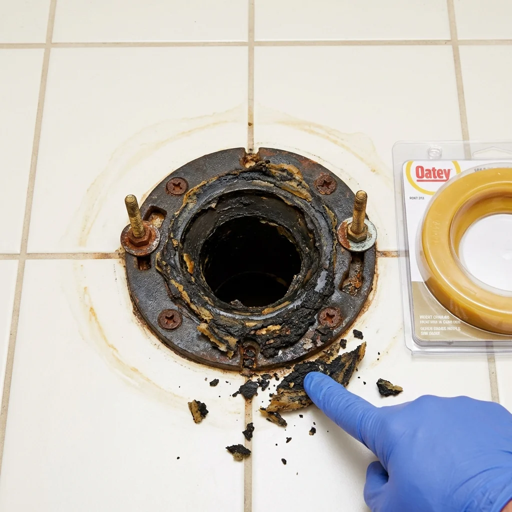 Failed wax ring showing water seepage at the base of a toilet in a Elmwood Park, NJ home