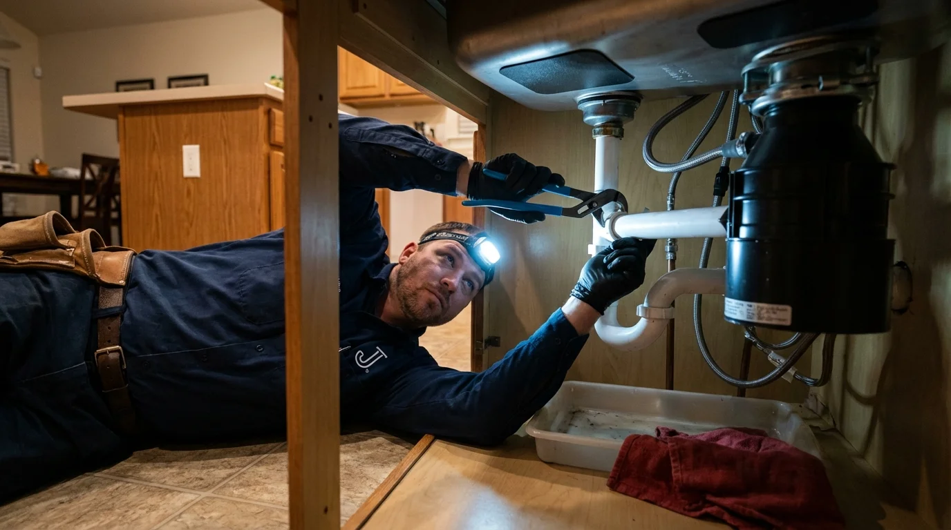 P-trap and supply line connections under a kitchen sink showing a common leak point in Elmwood Park, NJ
